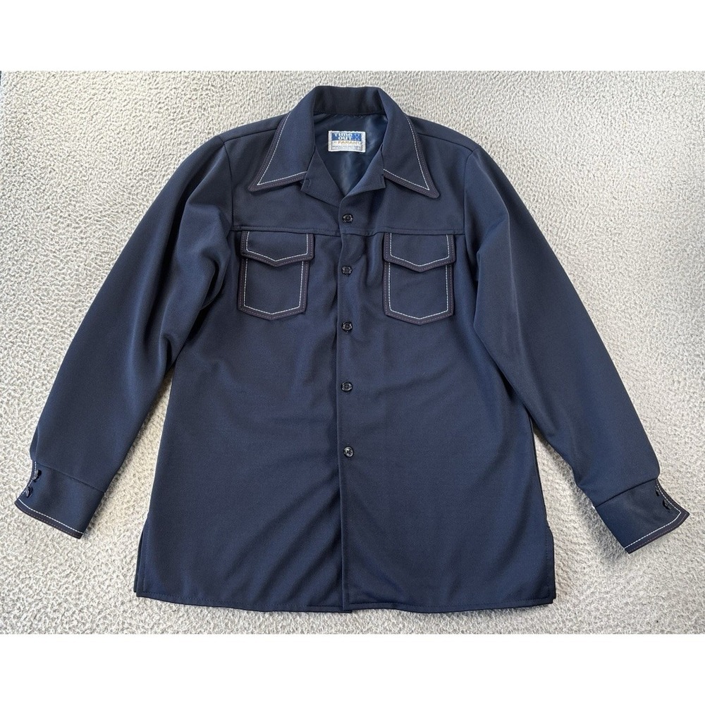 Vintage Farah Time Out Shirt Jacket Mens Large Navy Blue Dagger Collar USA‎ 70s